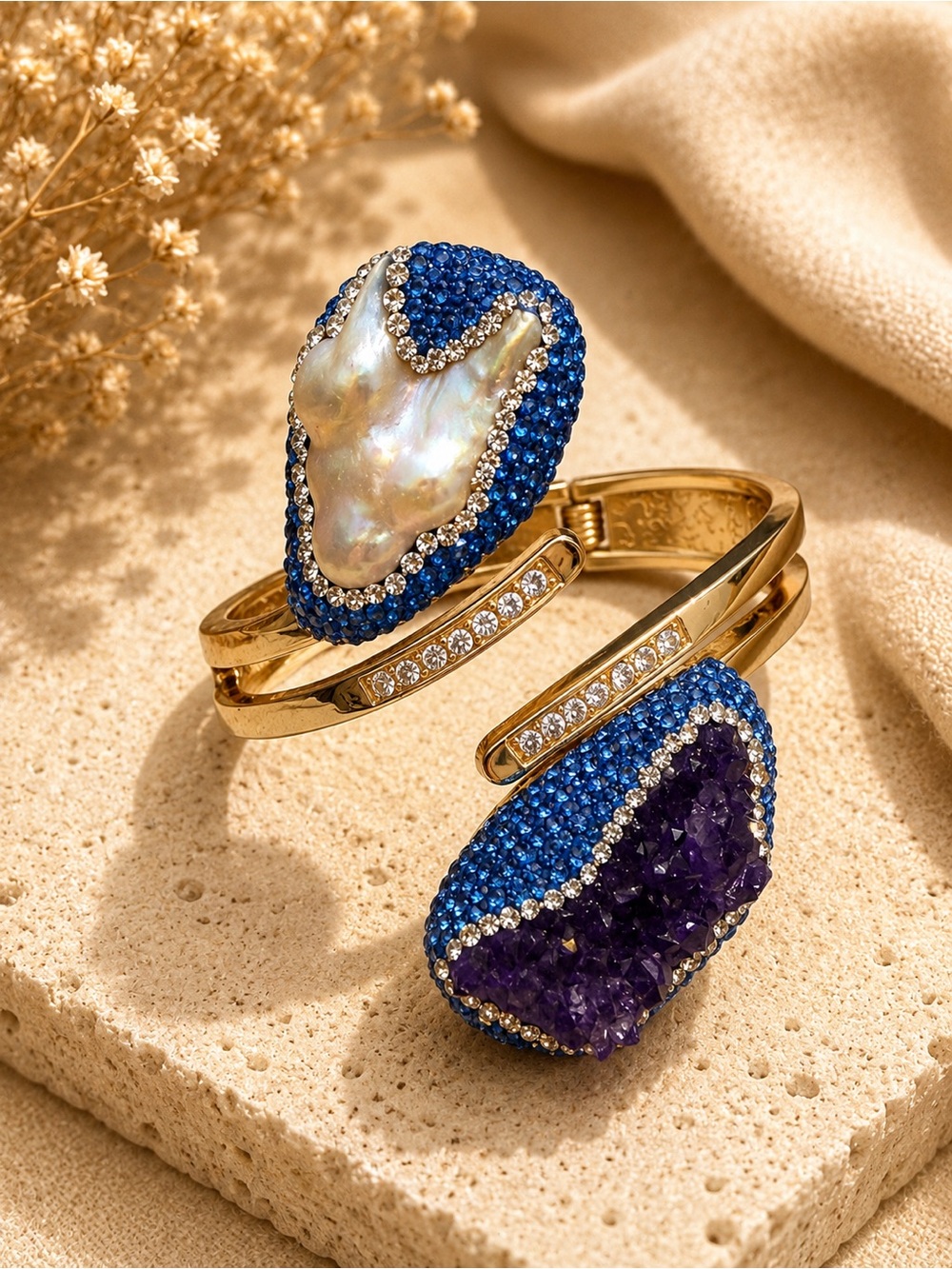 Natural Baroque Pearl & Purple Quartz Gemstone Open Cuff Bracelet